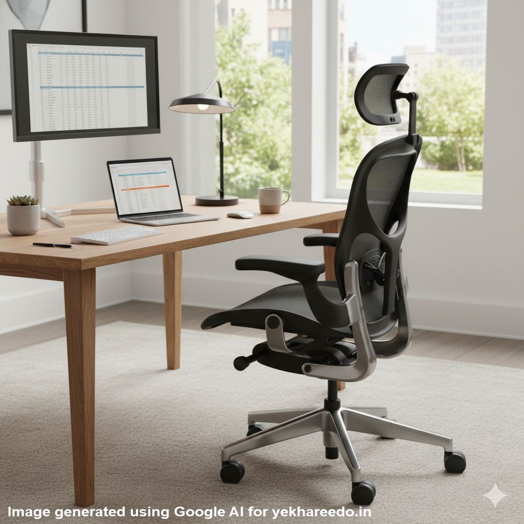 Modern home office featuring an ergonomic mesh office chair with inbuilt lumbar support for back pain, positioned next to a wooden desk with a laptop and dual monitor setup