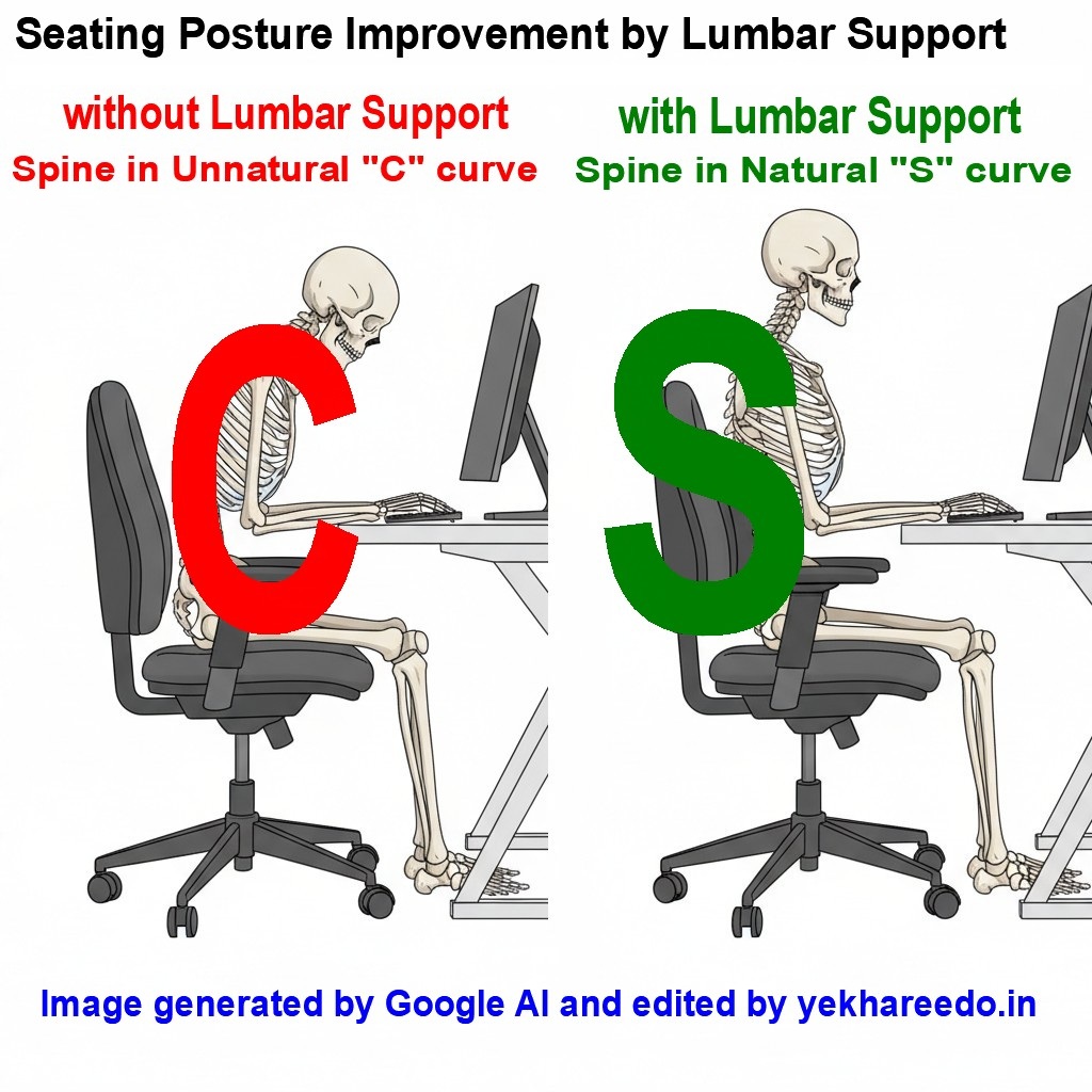 Comparison of poor posture vs. correct ergonomic sitting posture with lumbar support for back pain relief
