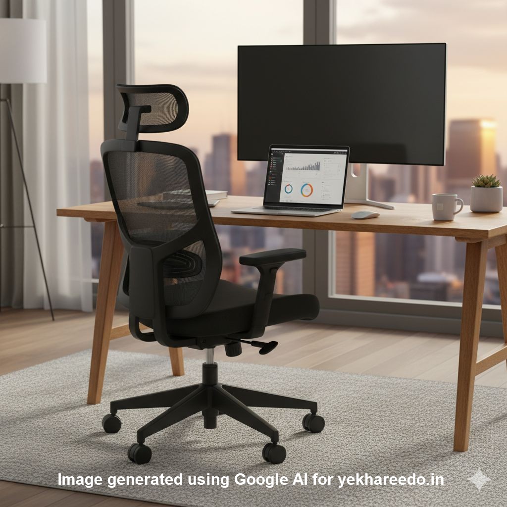 Modern home office setup featuring a black ergonomic mesh office chair, a wooden desk with a laptop and large monitor, situated in front of a city skyline window at sunset.