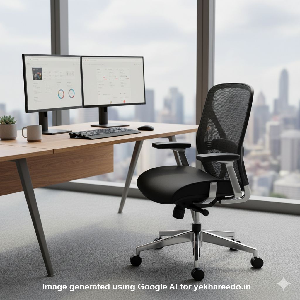 A modern ergonomic office setup featuring a black mesh chair, a wooden desk with dual monitors, and a city skyline view through a large window