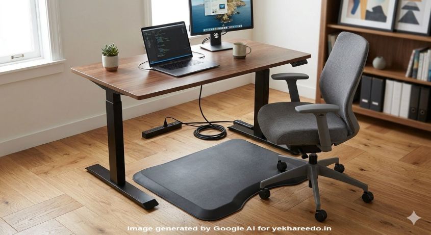 A modern home office setup featuring a dark wood standing desk at an elevated height, with a grey anti-fatigue mat placed on light oak herringbone floors. The scene includes a laptop, monitor, and a grey ergonomic office chair, set in a bright room with a bookshelf in the background