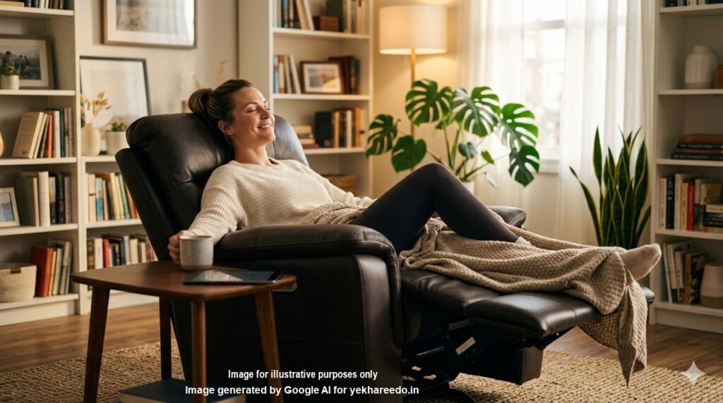 A woman relaxing in a modern black leather power recliner chair in a cozy living room, illustrating the health and well-being benefits of ergonomic home furniture