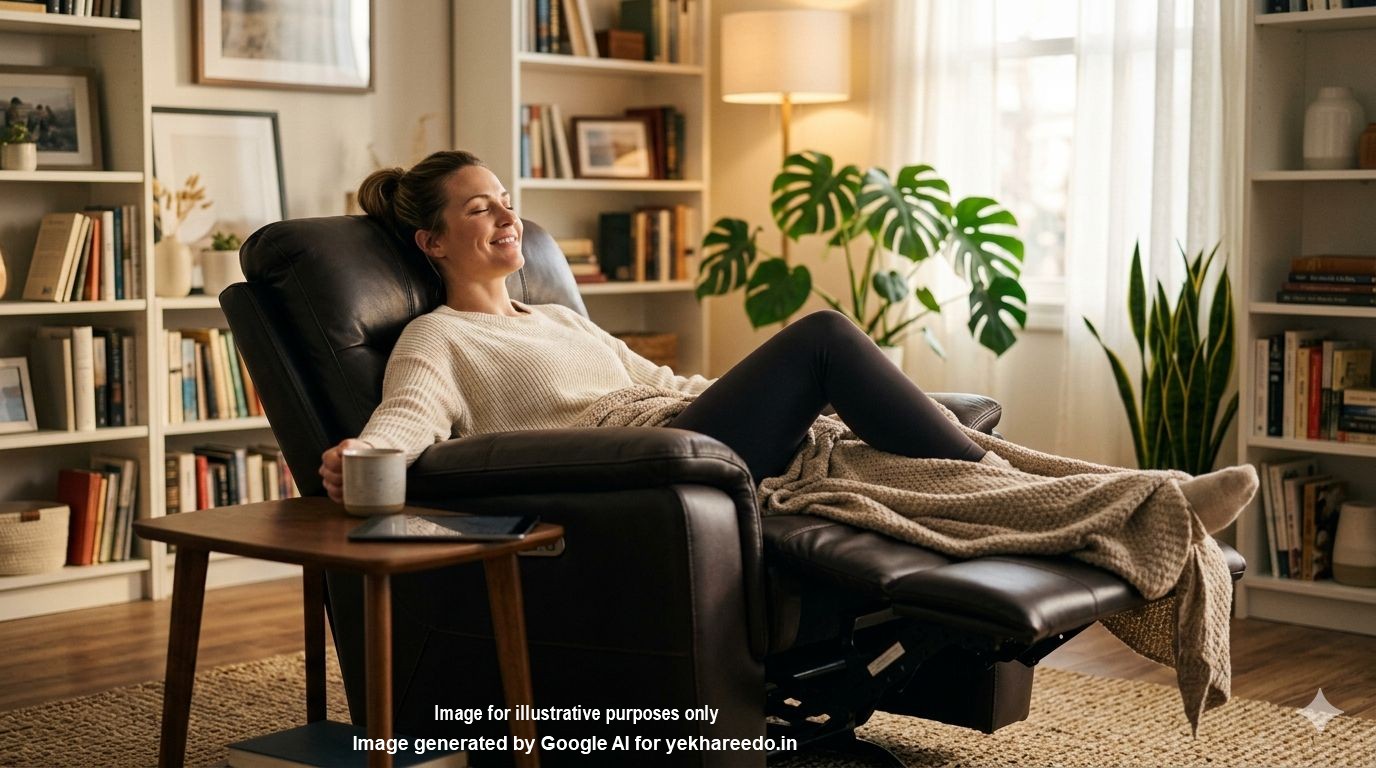 A woman relaxing in a modern black leather power recliner chair in a cozy living room, illustrating the health and well-being benefits of ergonomic home furniture