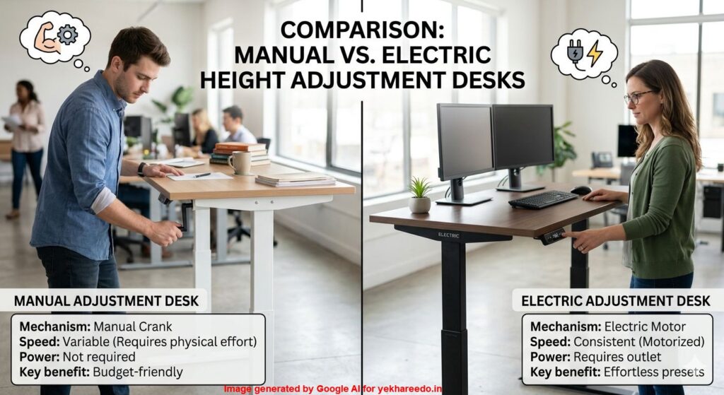 Comparison infographic of a manual vs. electric height adjustment standing desk, showing using a hand crank and using a motorized button panel in an office setting