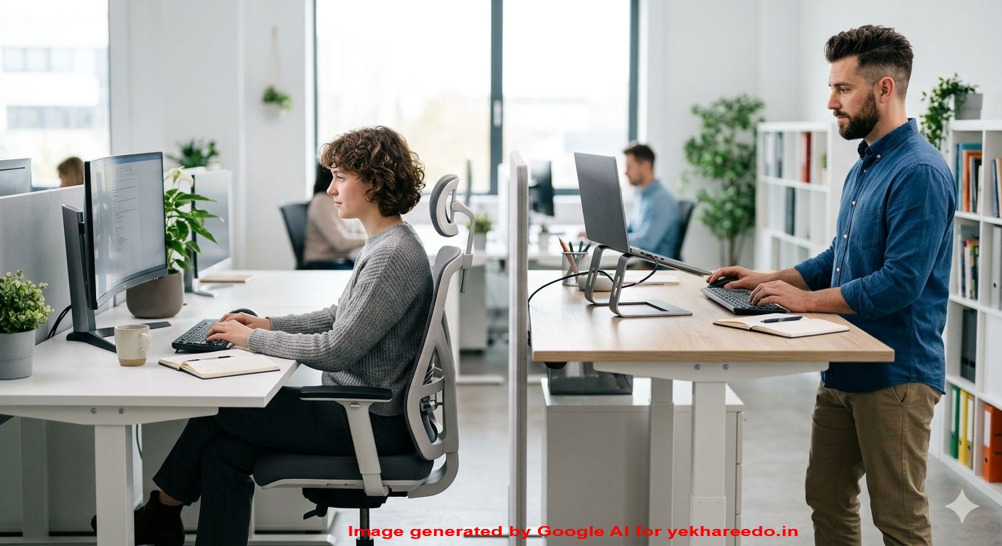 sitting & standing working modern office workspace featuring working sitting in an ergonomic office chair and working on standing desk for improved workplace ergonomics