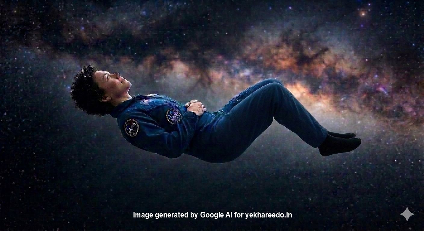 Astronaut floating in space demonstrating NASA Neutral Body Posture (NBP) with symmetrical 128-degree knee angles and relaxed feet against a nebula background.