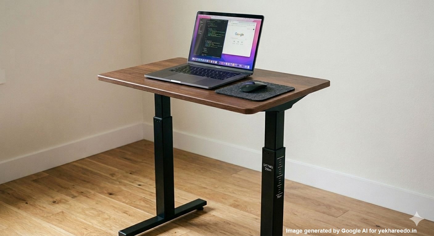 Ergonomic height-adjustable standing desk with a walnut wood top, featuring a laptop, mouse, and felt mousepad in a minimalist home office setting