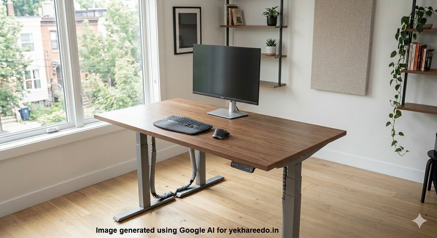 Modern electric height-adjustable standing desk with a walnut wood top and dual-motor frame in a bright home office setup.