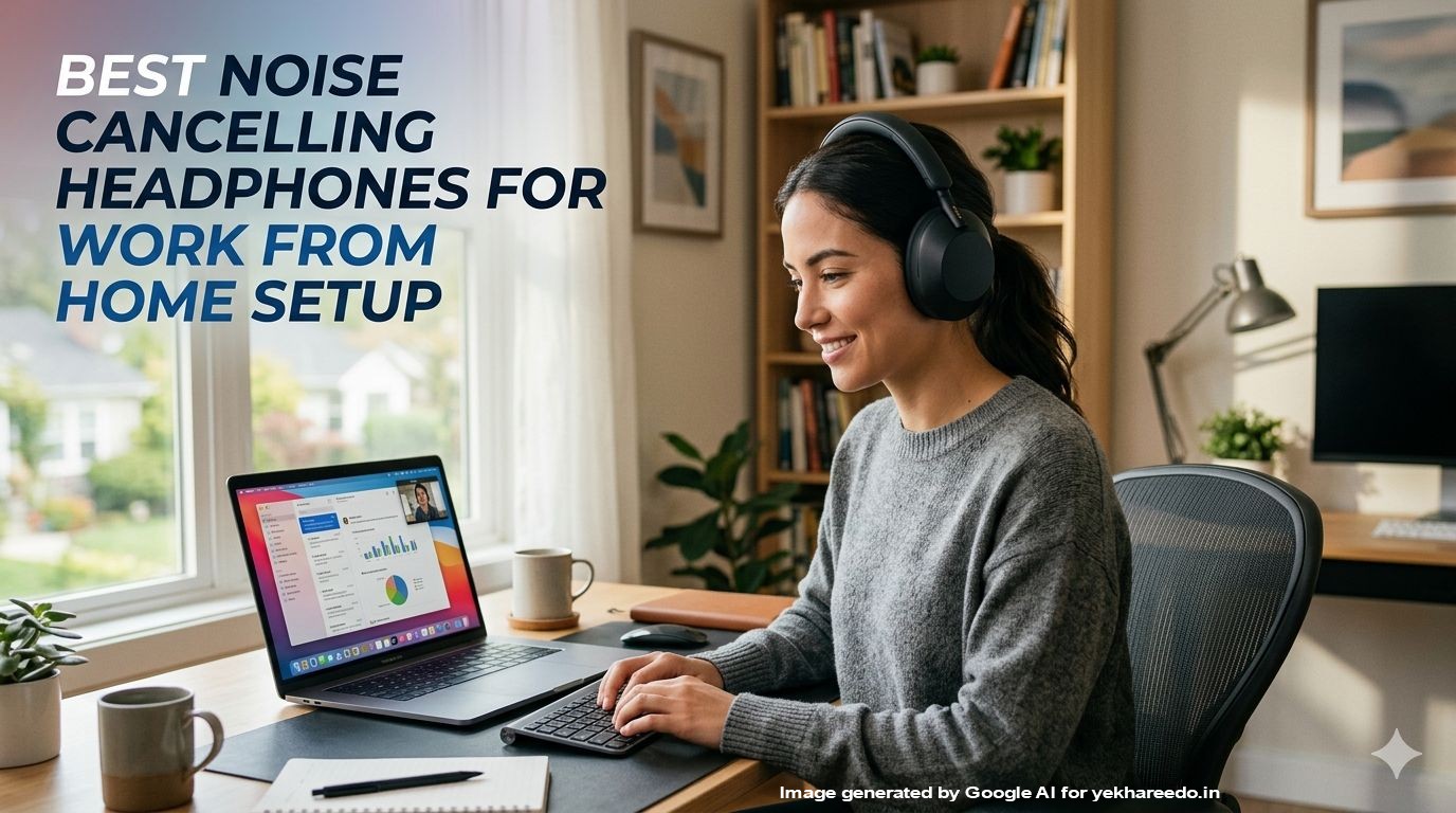 person wearing best noise cancelling headphones for work from home setup in India while working on laptop