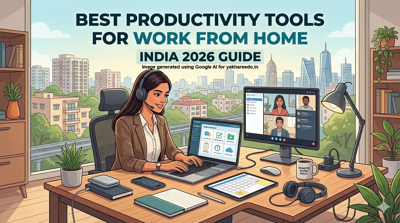 Illustration of a modern home office in India for the Best Productivity Tools for Work From Home: India 2026 Guide, featuring a professional woman using a laptop, dual monitors, and various tech gadgets with a city skyline background.